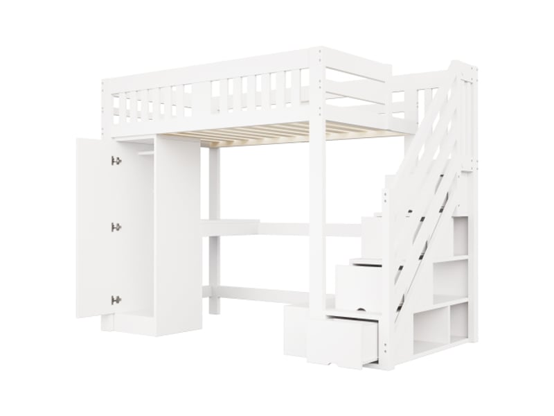 Lit mezzanine bois 140x200 avec escalier, rangements et bureau, led rgb, prise eu, armoire blanche, garde-corps haut - Conforama A
