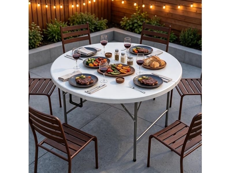  Table de jardin ronde pliante ø122 cm blanche et grise, 6 places, plateau hdpe et structure en acier pratique  - Conforama E