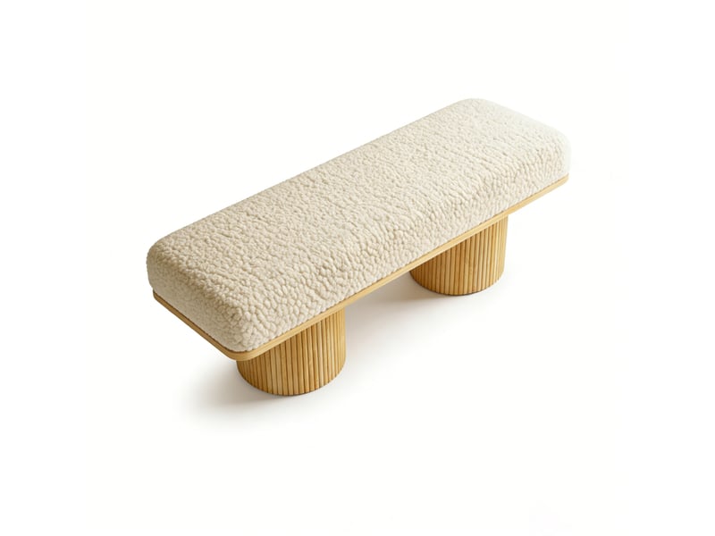  Banc de chambre 122x46x42,5 cm en bois et tissu peluche creme, assise rembourree, design moderne  - Conforama A