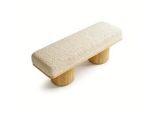 Banc de chambre 122x46x42,5 cm en bois et tissu peluche creme, assise rembourree, design moderne