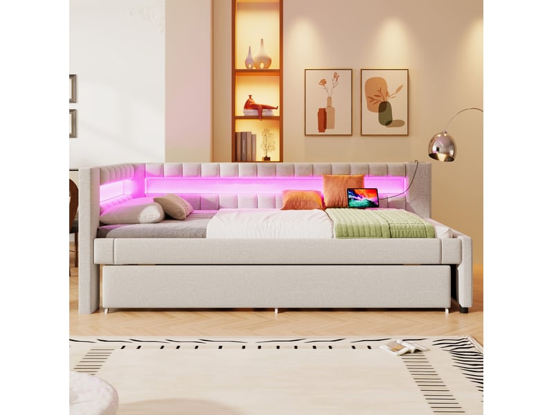  Lit de jour tcqpz 90 x 200 cm avec lit gigogne led usb type-c lin beige  - Conforama E