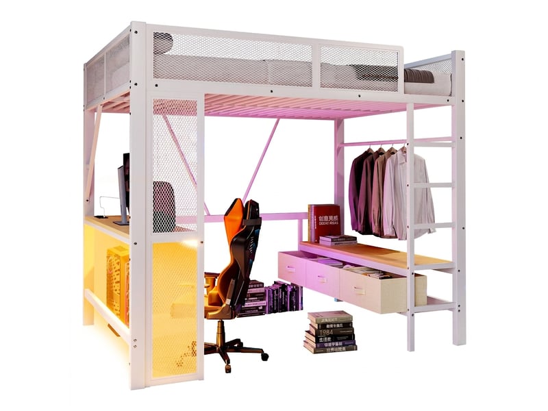  Lit mezzanine 140x200 avec bureau, armoire ouverte, 3 tiroirs, led et ports usb, métal, blanc  - Conforama A