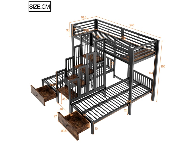  Lit superposé 3 places modenvie 90 x 200 cm avec escalier central, tiroirs et barrières de sécurité noir  - Conforama C