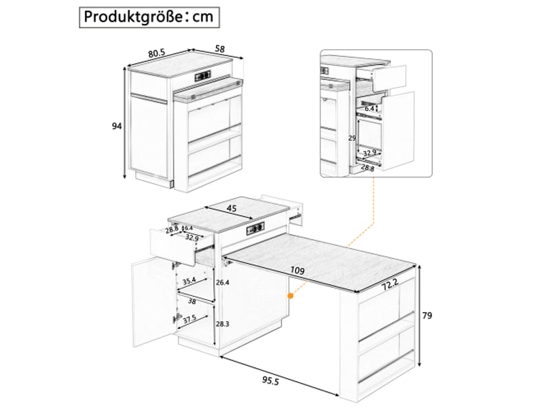 Îlot de cuisine mobile sur roulettes – table extensible, éclairage led, multiprise et crochets – noir, buffetbar - Conforama C