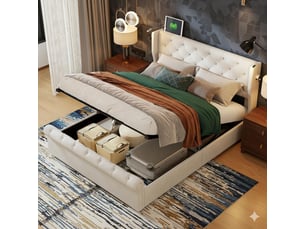 Lit coffre 140x190 cm <strong>SANS MARQUE</strong> <strong></strong> coloris beige