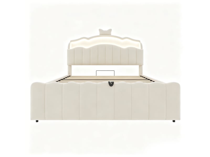  Lit enfant velours beige 140x200 cm avec rangement hydraulique, led, usb et type-c  - Conforama A