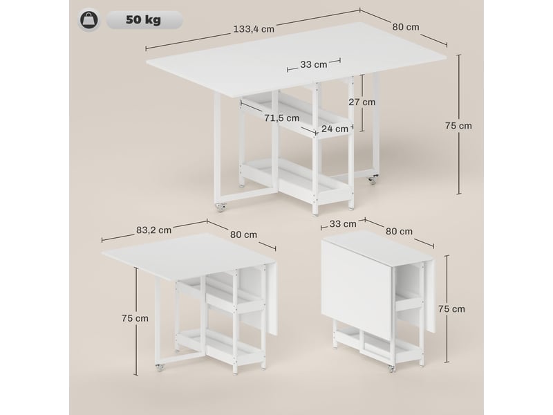 Table à manger pliante sur roulettes 4 personnes avec compartiments ouverts, pour petits espaces, blanc, salle à manger - Conforama C