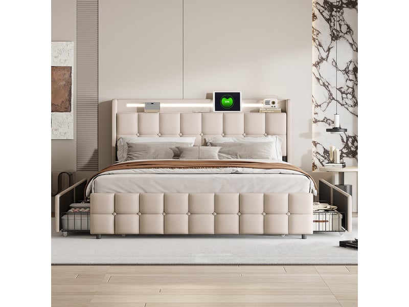 Lit double 180x200cm - lit rembourré 180x200cm avec 4 tiroirs - prises de courant ports usb éclairage led - sans matelas - beige - Conforama C