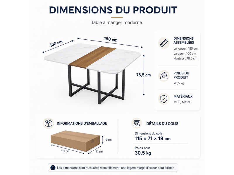  Table à manger 6 places en bois blanc whwd, modèle d-sn-rgt150n-6, design moderne  - Conforama C
