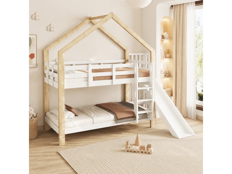 Lit superposé enfant avec toboggan blanc et naturel 90 x 200 cm - Conforama D