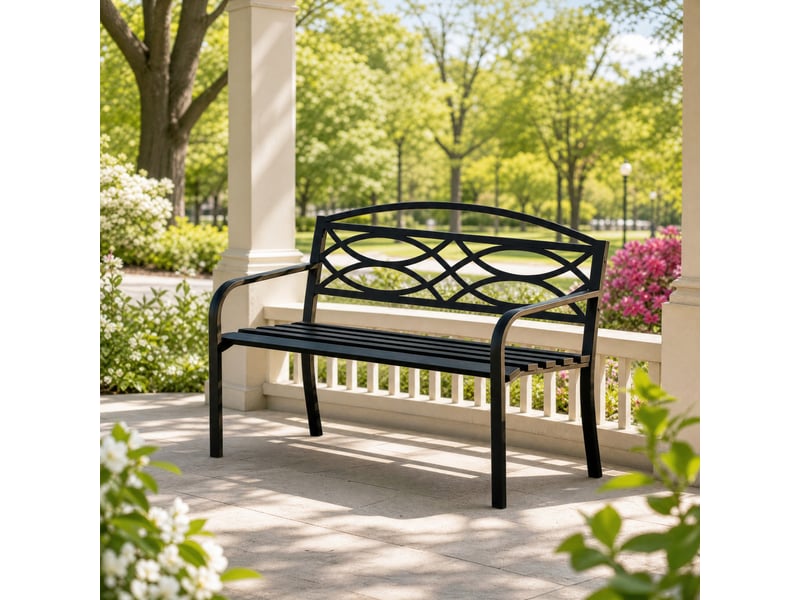 Banc de jardin 3 places en métal noir avec dossier et accoudoirs, résistant aux intempéries pour terrasse - Conforama B
