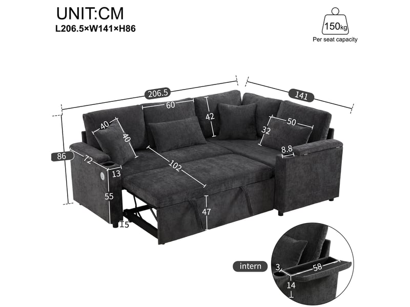 Canapé d'angle convertible 206,5x141x86 cm 4 places, coffre de rangement, porte-gobelet, usb intégré, tissu chenille gris foncé - Conforama C