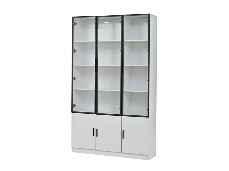  Vitrine haute 120x32x200 cm en mdf, 6 portes vitrées, led via app, étagères et anti-basculement - blanc  - Conforama E