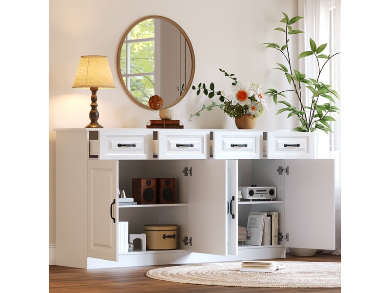Buffet commode 160x35x80 cm avec façade rainurée - 4 tiroirs 4 portes 2 étagères 8 poignées métal - blanc BUYDEEMEUS - Conforama C