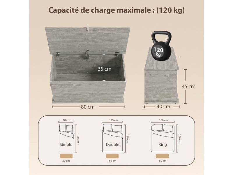  Coffre de rangement avec couvercle rabattable gris 80 x 40 x 45 cm  - Conforama C
