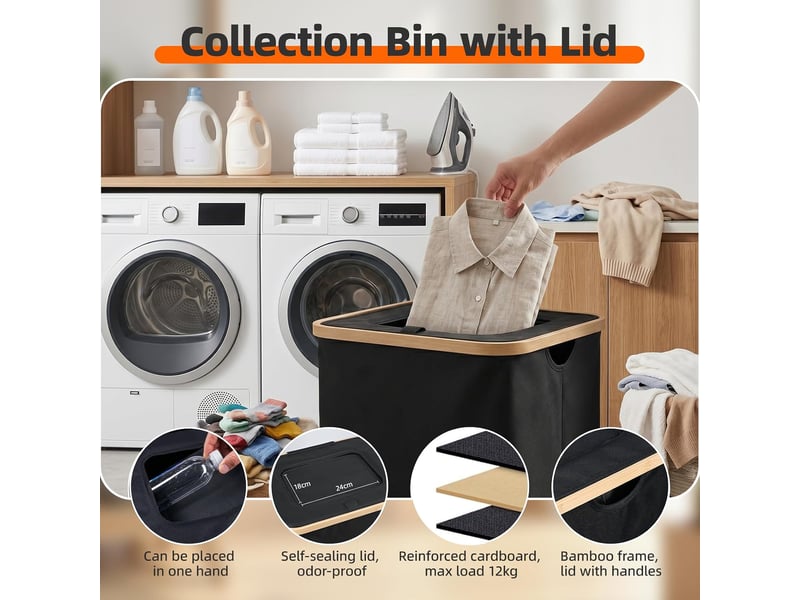  Panier à linge avec couvercle et sac intérieur amovible 100l corbeille à linge pliable grande capacité, bac à linge sale avec poignées pour chambre, buanderie, salle de bain, noir  - Conforama C