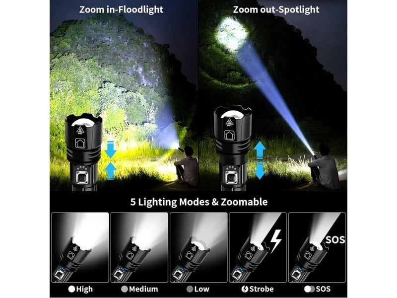Lampe torche led 1500 lumens, lampe tactique zoom pour camping randonnée d'urgence - Conforama D