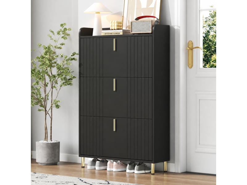  Meuble à chaussures étroit 3 abattants, 6 compartiments, 80 x 23,5 x 123,5 cm, noir mat  - Conforama C