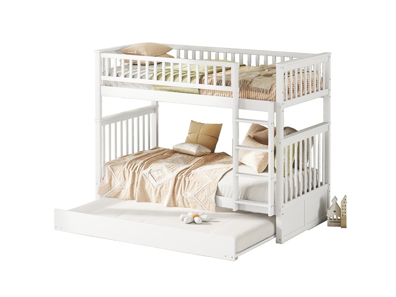  Lit superposé enfant 90 x 200 cm en pin blanc avec lit gigogne 90 x 190 cm, couchages séparables, échelle et barrières  - Conforama A