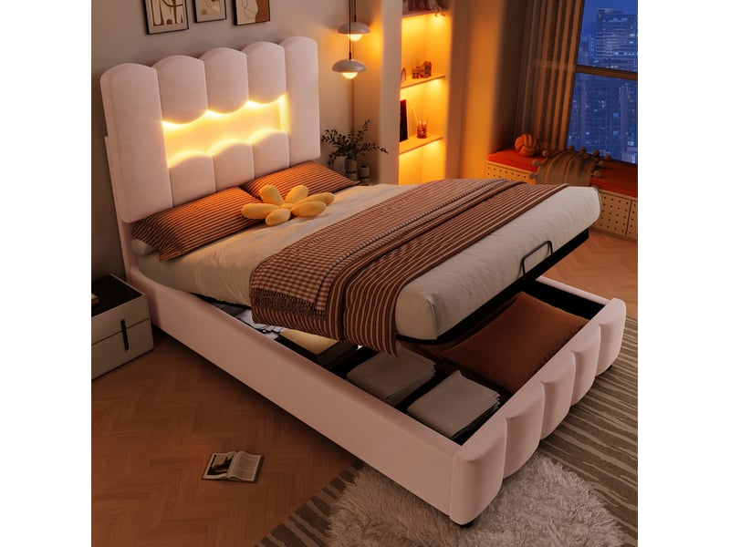  Lit simple 90x200 cm avec rangement hydraulique et éclairage led, en velours rose  - Conforama C