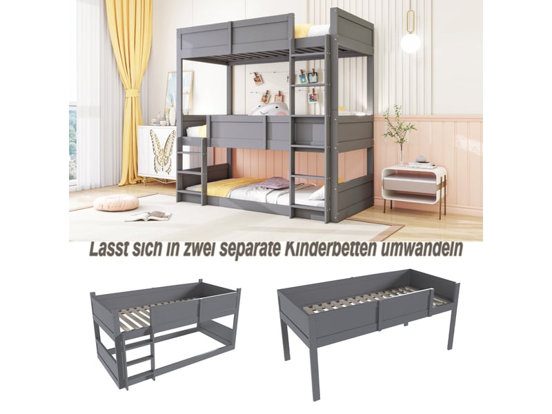 Lit superposé enfant 3 places 90×200 cm avec barrières - modulable, bois gris, sans matelas - Conforama E