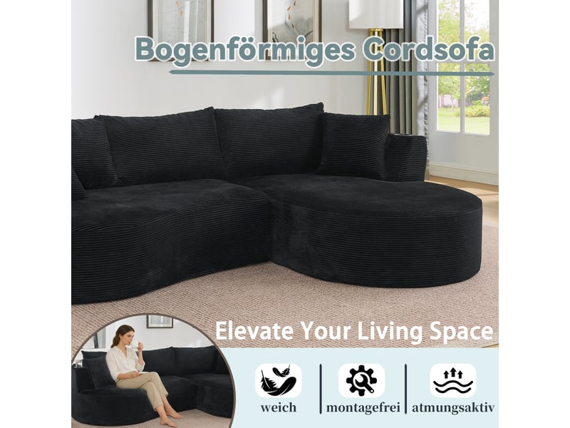 Canapé droit 3 places avec porte-gobelets et coussins - forme arrondie velours côtelé noir - Conforama E