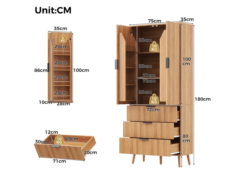 Armoire de cuisine 2 portes et 3 tiroirs 75x35x180 cm en mdf naturel - Conforama C