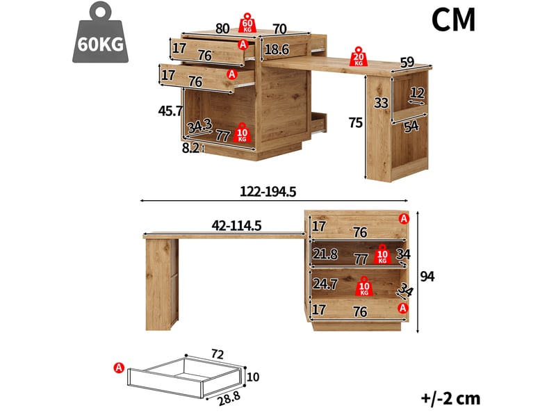  Îlot de cuisine extensible 122-194.5x70x94 cm, 4 tiroirs, led, finition naturelle  - Conforama E