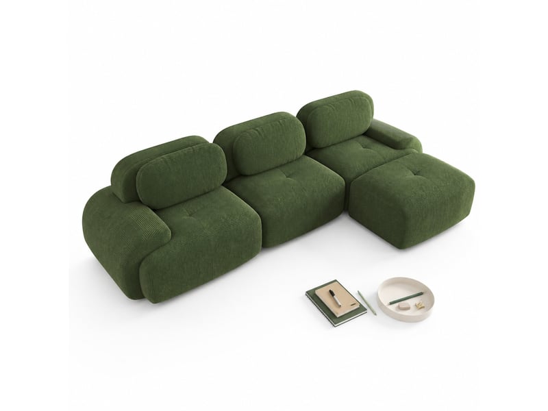  Canapé d'angle modenvie modulable 3 places sans cadre 298 x 178 cm velours côtelé vert  - Conforama A