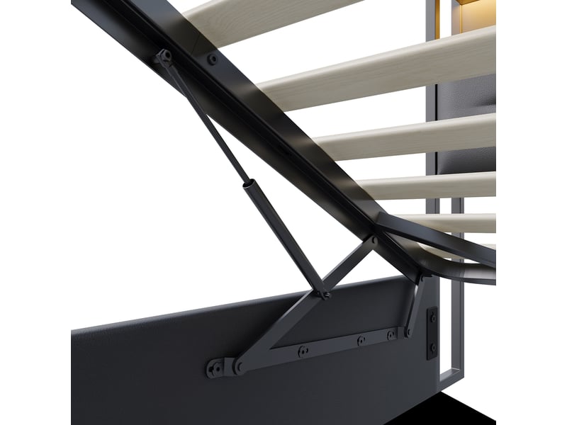  Lit capitonné 140x200 avec rangement, cadre de lit coffre avec led et usb lit 2 personnes avec espace de rangement hydraulique lit double rembourré avec sommier à lattes noir pu, sans matelas  - Conforama R