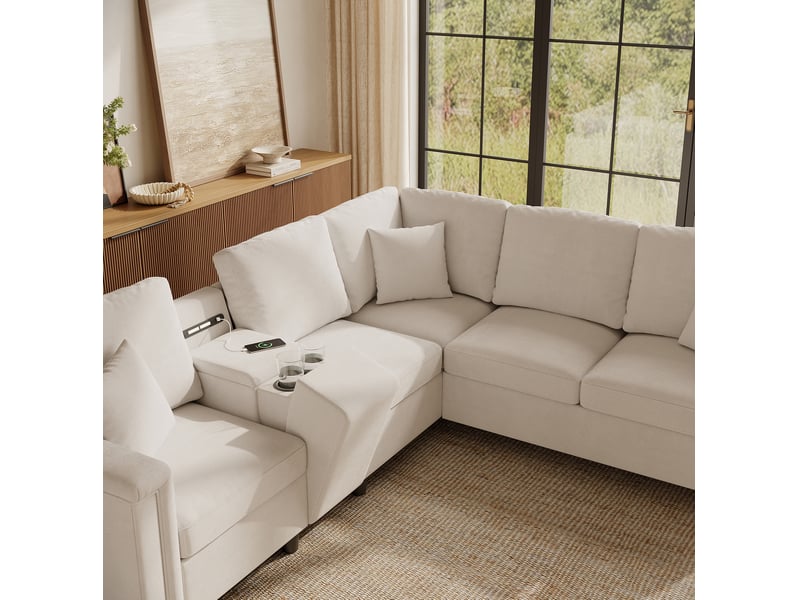  Canapé d’angle 5 places 235x208x83 cm avec rangement et ports usbusb-c beige  - Conforama E