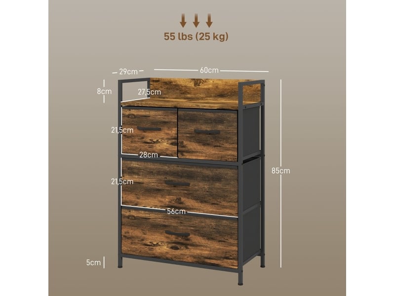  Commode avec 4 tiroirs pliables et plateau de rangement, style industriel, pour salon, marron rustique, 60 × 29 × 85 cm  - Conforama E