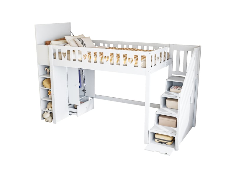  Lit mezzanine 200×90 cm avec escalier de rangement, étagères et placards rabattables, sans matelas, en pin et mdf blanc  - Conforama A