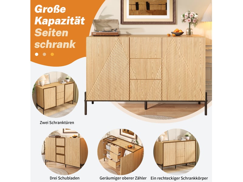  Buffet bas moderne en mdf naturel – 2 portes, 3 tiroirs – 115,5 x 40 x 76 cm  - Conforama E