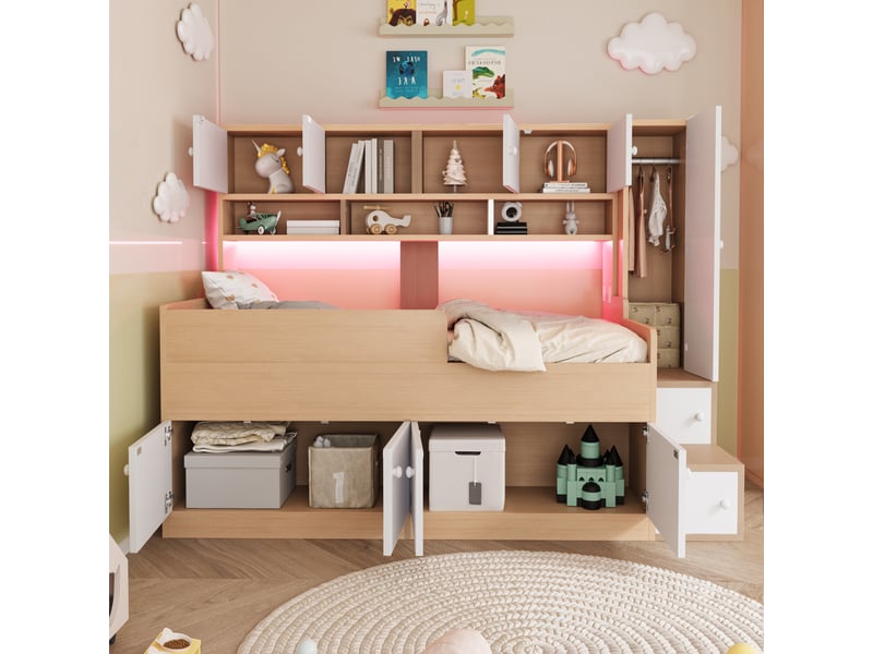  Lit mezzanine lit simple avec rangements, armoire, étagères et led 90 × 200 cm - sans matelas - en bois naturel  - Conforama C