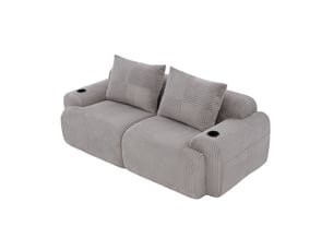 Canapé modulaire 2 places en velours côtelé gris clair avec porte-gobelets et poche latérale