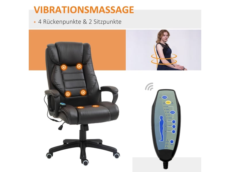 Fauteuil de bureau massant marron, dossier haut, chaise ergonomique pivotante à 360 degrés avec bascule pour bureau à domicile - Conforama E