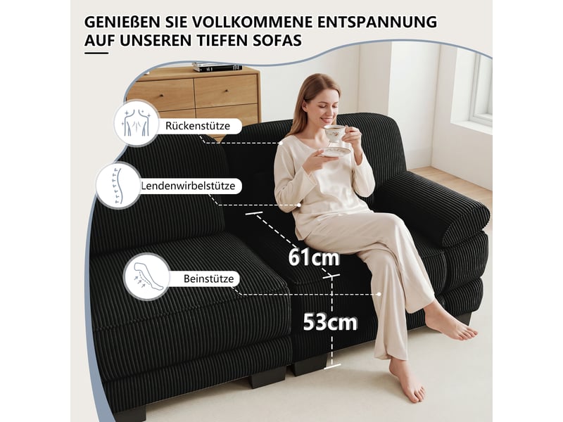  Canapé modulable 3 places en velours côtelé noir, assise profonde, coussin lombaire inclus, 265×88,5×94 cm  - Conforama D