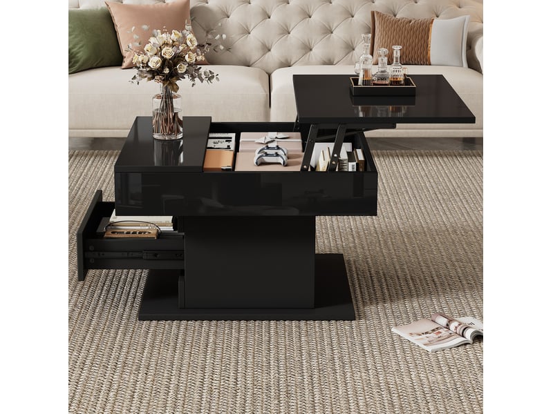  Table basse relevable 70 x 70 x 45-59 cm 360° tiroir rangement caché laqué brillant panneau de particules noir  - Conforama B