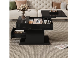Table basse relevable 70 x 70 x 45-59 cm 360° tiroir rangement caché laqué brillant panneau de particules noir