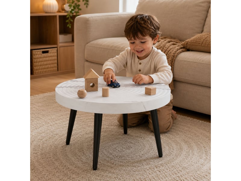  Table basse ronde blanc en 3d surface texturée avec pieds en métal pour petit espace  - Conforama B