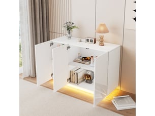 Buffet blanc laqué 120 cm meuble de rangement avec led 3 portes