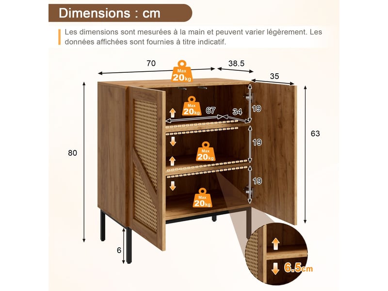 Buffet 70 cm rangement à deux portes bahut aspect bois panneaux de particules et rotin pe répartition sur trois niveaux deux étagères réglables en hauteur double protection anti-basculement - Conforama C