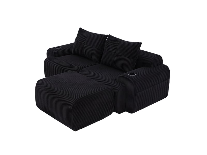  Canapé modulable 2 places en velours côtelé noir avec repose-pieds, porte-gobelet et poche latérale  - Conforama A