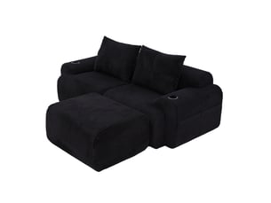Canapé modulable 2 places en velours côtelé noir avec repose-pieds, porte-gobelet et poche latérale