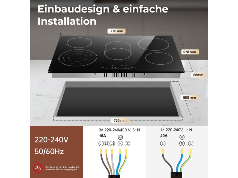  Plaque vitrocéramique 5 foyers, table de cuisson électrique encastrable 77 cm, 8500 w, zones ovale et triple, commande tactile  - Conforama C