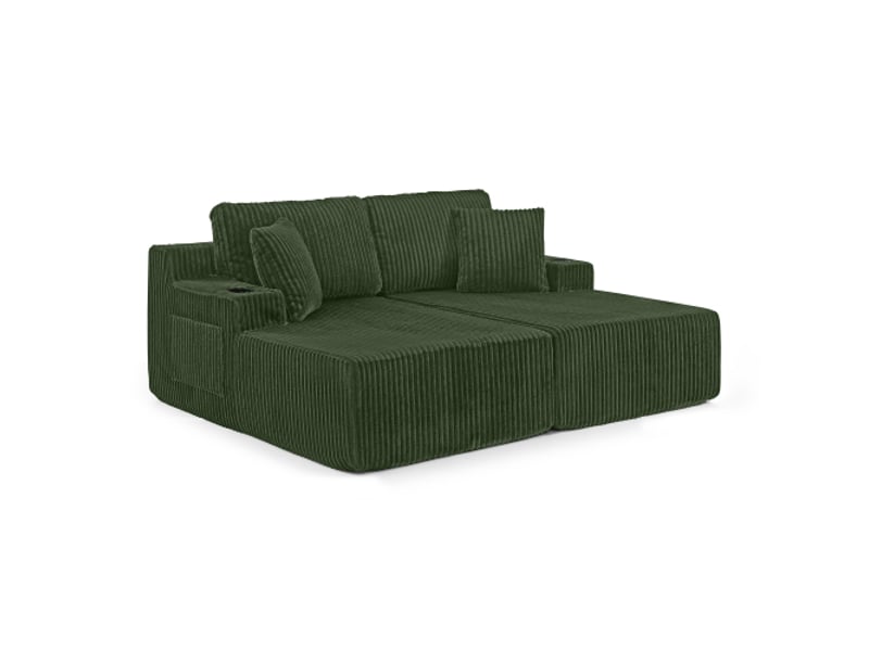 Canapé-lit relax 2 places et fauteuil lounge velours côtelé vert – poches latérales, porte-gobelets, coussins - Conforama A