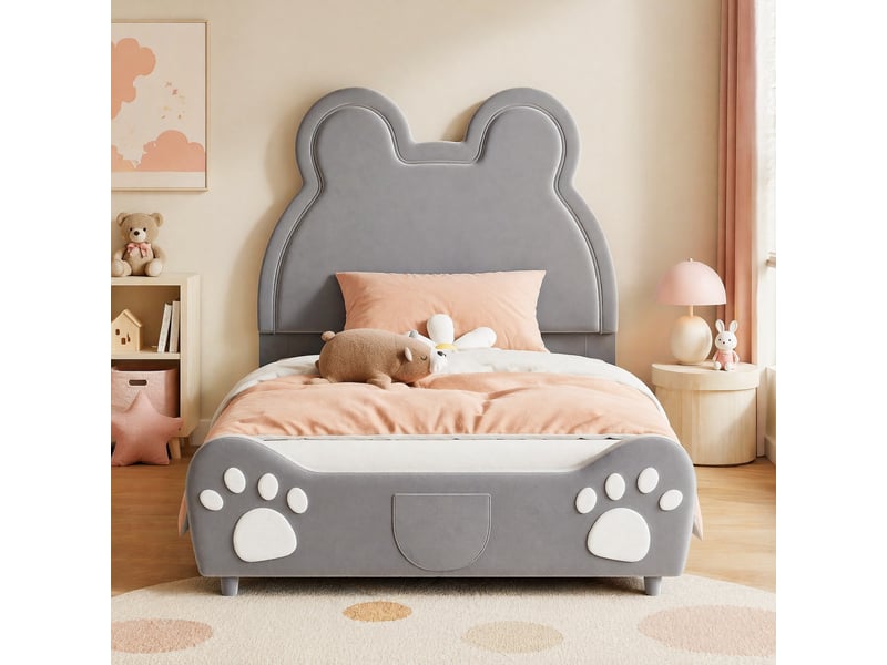  Lit enfant 200×90 cm en forme d’ours, capitonné en velours gris, avec structure en métal et bois  - Conforama C