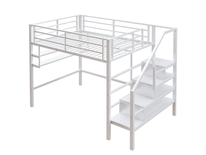  Lit mezzanine 140x200 cm, lit double, étagères ouvertes, escalier rangement, rambarde, blanc, sans matelas  - Conforama E