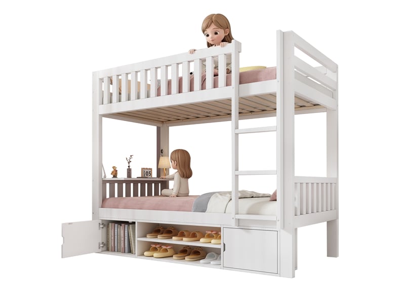  Lit superposé enfant 90x200 cm avec table rabattable et range-chaussures coloris blanc  - Conforama A